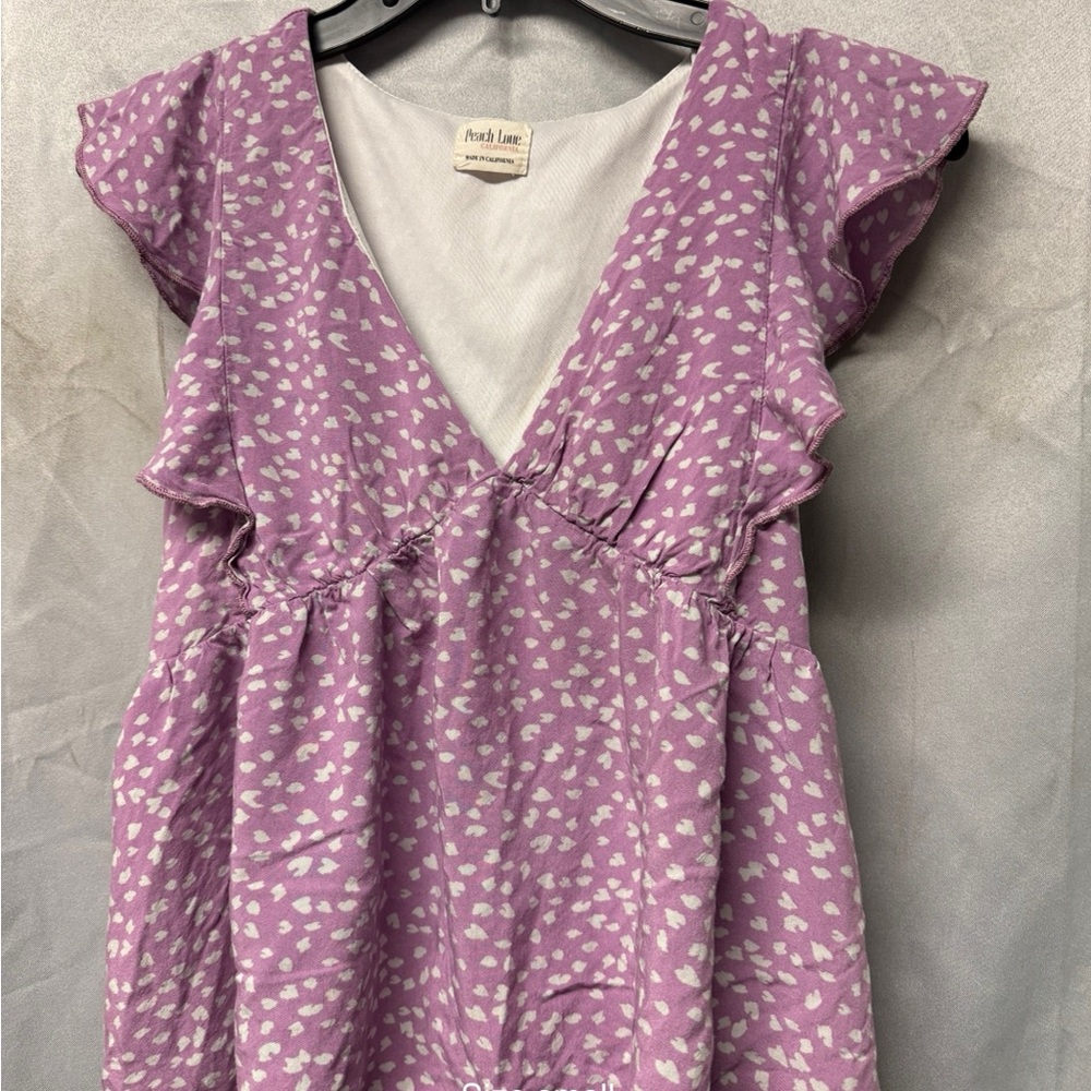 Peach Love California Lavender & White Printed Flutter Sleeve Dress